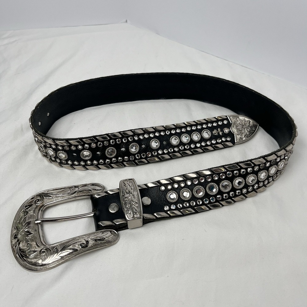 Kippy's Vintage Custom 1.5" Bezel Swarovski Crystals Leather Belt Silver Size 32